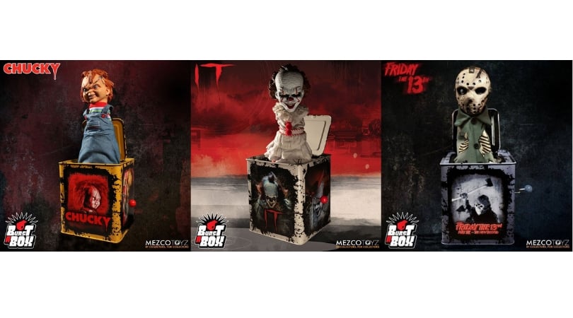 Burst-A-Box_ Springteufel Spieluhr _Pennywise_ _Scarred Chucky_ und _Jason Vorhees_ (Mezco Toyz)