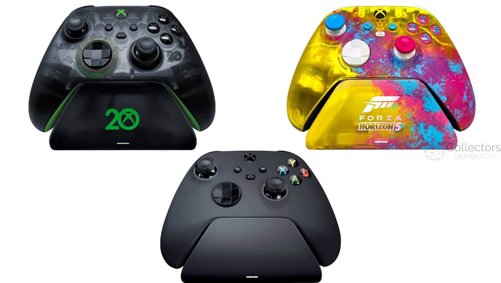 Razer Universal Quick Charging Stand in der „20th Anniversary“ Design, „Forza Horizon 5“ Design und „Carbon Black“ für Xbox Wireless Controller