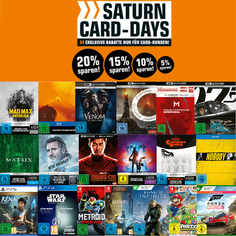 Saturn Card Days mit 20% Rabatt auf Filme oder 10% Rabatt auf Games – Aktion endet bald