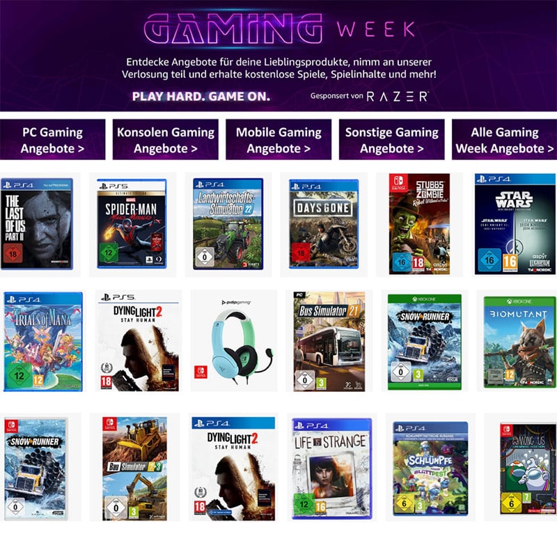 Gaming Week bei Amazon mit reduzierten Spielen für Konsole & Hardwareangeboten