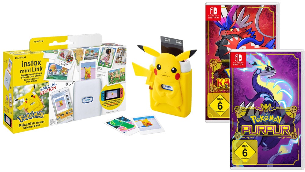 Bundle: instax mini Link Fotodrucker „Pikachu Edition“ + Pokémon Karmesin oder Purpur [Nintendo Switch] für 105€