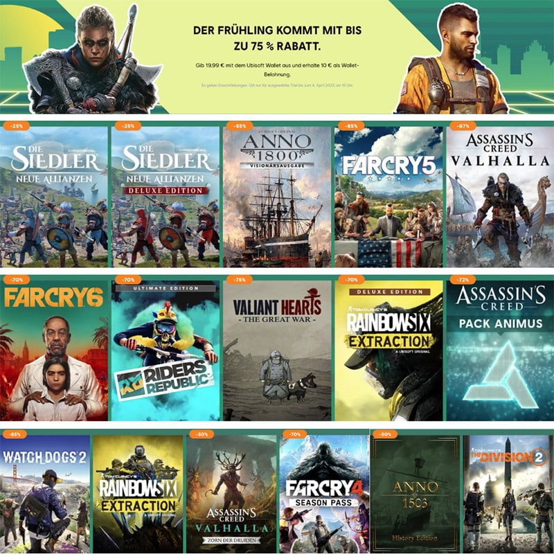 Spring Sale im Ubisoft Store mit bis zu 75% Rabatt & 10€ Guthaben