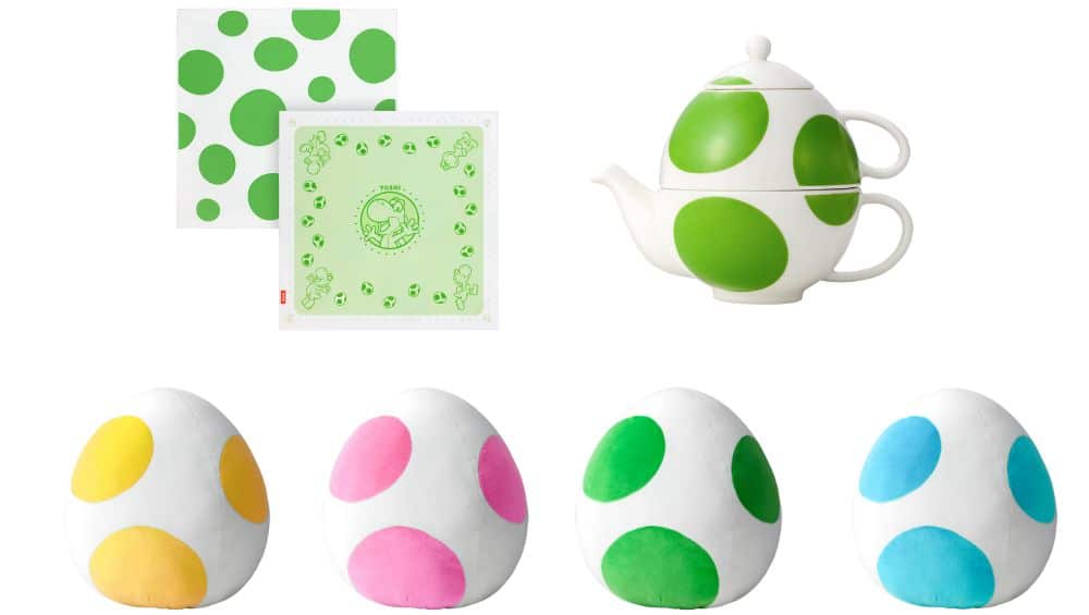 Yoshi Merchandise-Artikel, darunter ein Dekotuch, ein Yoshi-Ei-Tee-Set mit Kanne und Tasse und Plüscheier ab September 2026